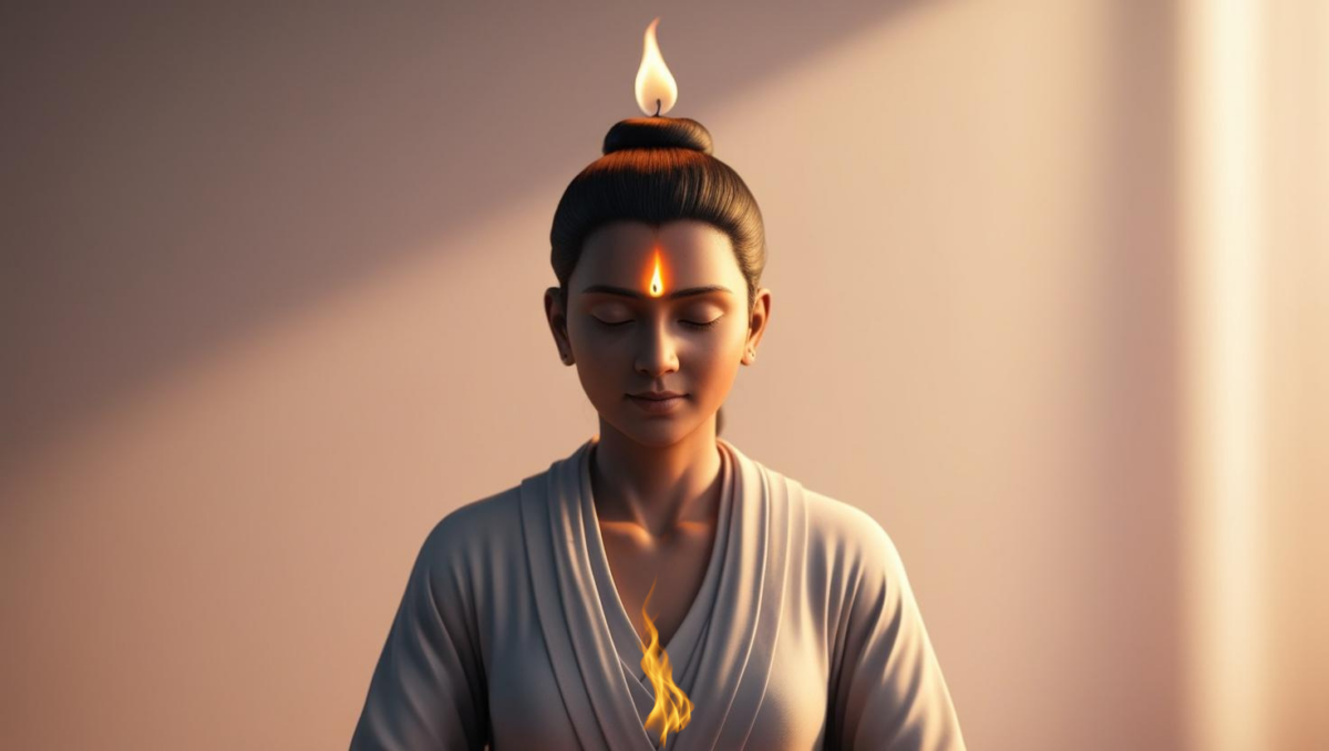 Donna in meditazione con fiamme su cuore, fronte e testa